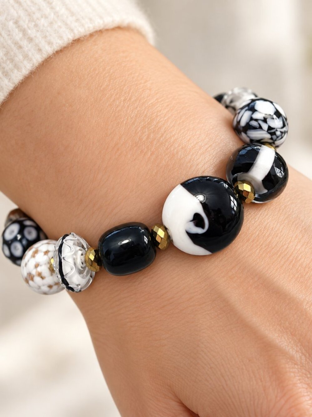 Black White & Gold Artisan Glass Bead Stretch Bracelet – Chunky Statement